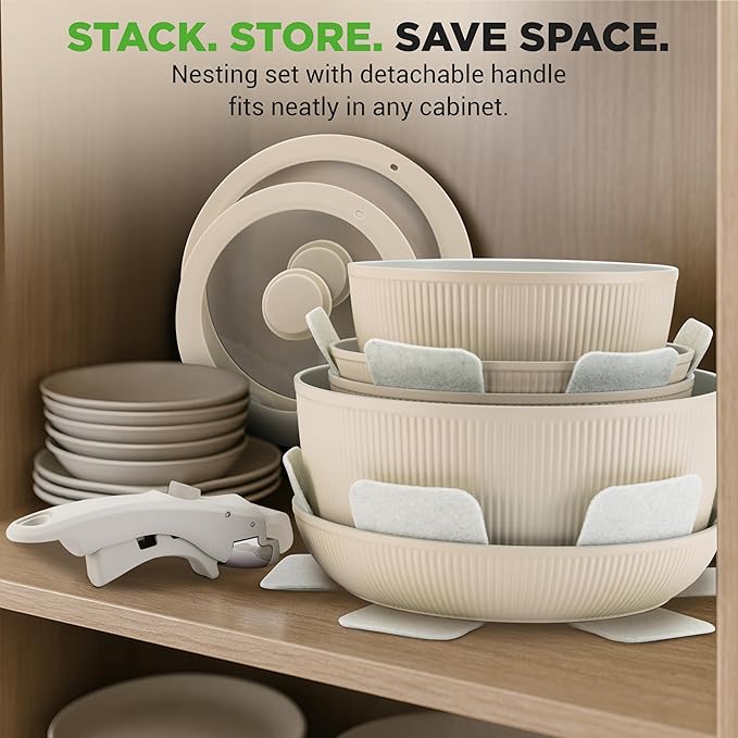 NutriChef 18-Piece Ceramic Cookware Set with Detachable Handles, Non Stick Pots and Pans, PTFE-Free Natural Ceramic Coating, Space-Saving Design, Oven & Stove Safe, Includes Utensils, Cream