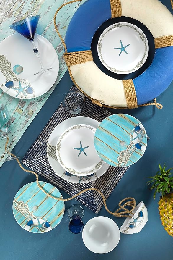 DEKADRON Nautical 24 Pieces Porcelain Dinnerware Set, Made in Turkey, Service for 6, Fish Themed Marine Plates and Bowls