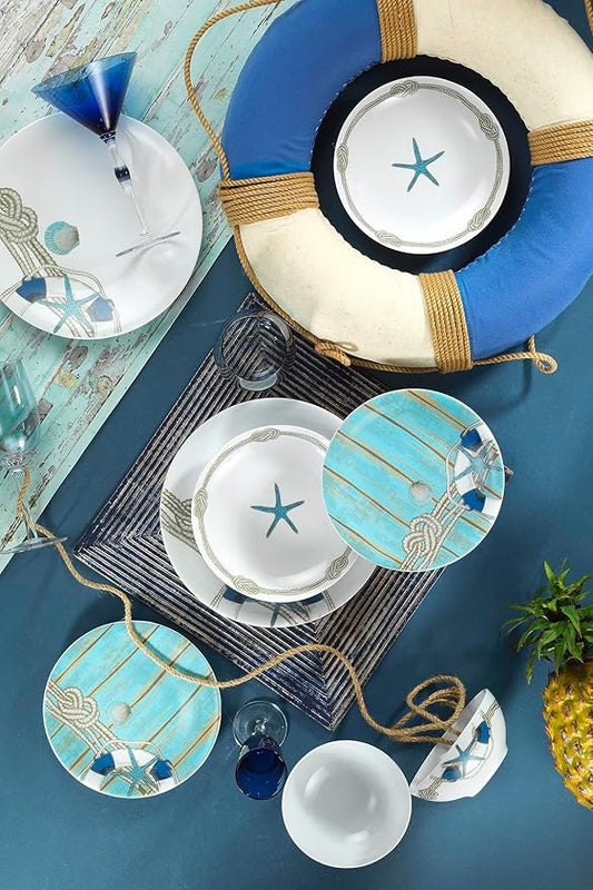 DEKADRON Nautical 24 Pieces Porcelain Dinnerware Set, Made in Turkey, Service for 6, Fish Themed Marine Plates and Bowls