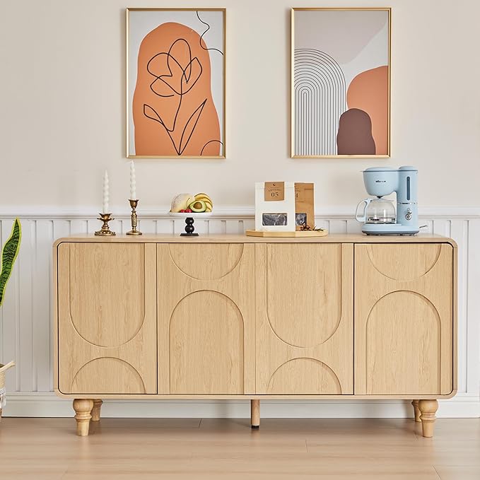 Mid Century Modern Sideboard Buffet Cabinet with Storage, Kitchen Sideboard Credenza Storage Cabinet with Doors and Shelves for Home Coffee Bar, Dining Room, Office, Entryway - Natural