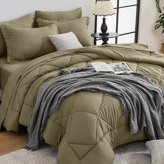 HEVUMYI Olive Green California King Comforter Set - 7-Piece All Season Bed in a Bag Cal King, Ultra Soft Bedding Set with Comforter, Flat Sheet, Fitted Sheet, Pillowcases, Pillow Shams