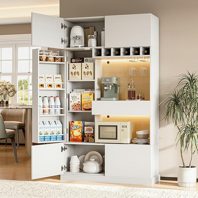 iPormis 69" Tall Kitchen Pantry Storage Cabinet with LED Lights & Microwave Stand & Wine Rack, Kitchen Hutch with Door Shelves & Adjustable Shelf & Drawers & Charge Station for Living Room, White