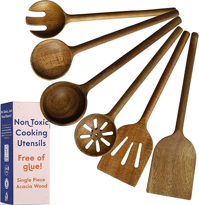 Non-Toxic Cooking Utensils ??6-Piece Kitchen Utensils Set, Glue-Free & One-Piece Wooden Spoons for Cooking, Natural Wooden Utensil Set with Plant-Based Finish, Free of Forever Chemicals
