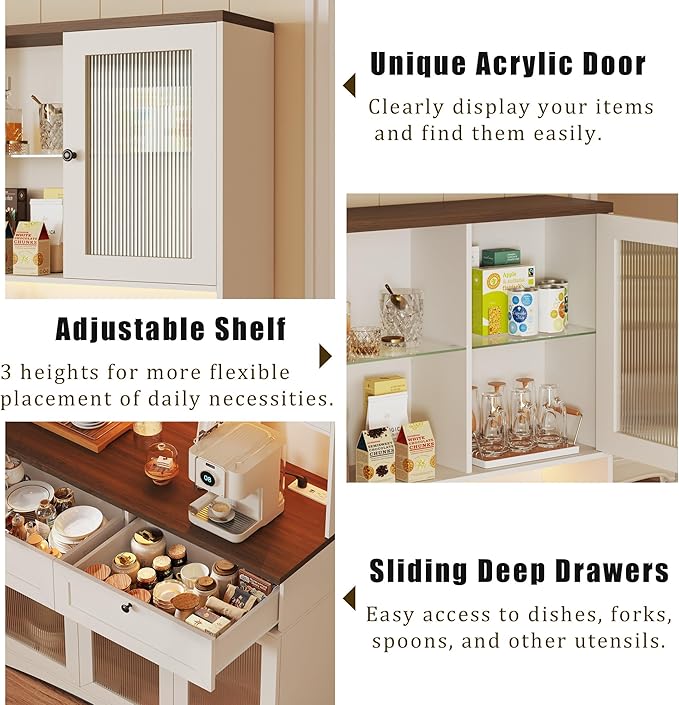 71" Pantry Cabinet with Charging Station and LED Light, Modern Kitchen Pantry Cabinet with Microwave Stand, Tall Kitchen Hutch Food Pantry with Drawers & Shelves for Dining Room, White