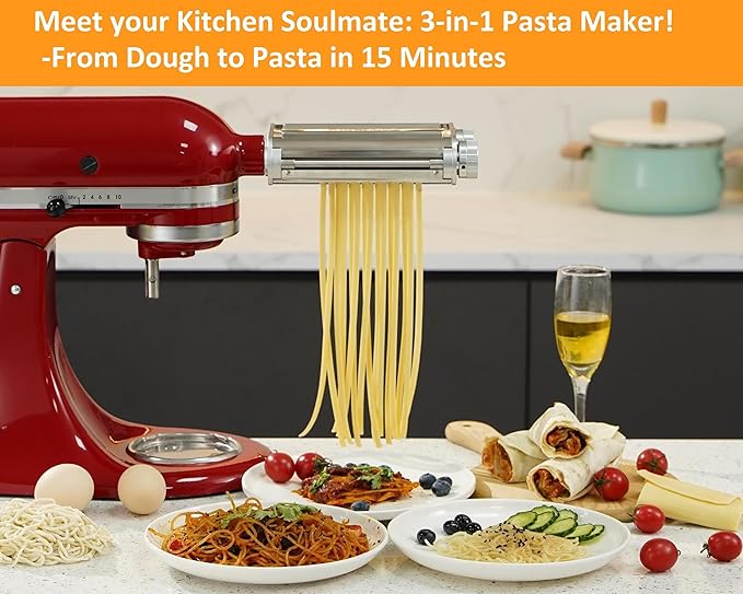 Pasta Maker Attachment for KitchenAid Stand Mixers,Sturdy 3 in 1 Set Included Pasta Sheet Roller, Spaghetti and Fettuccine Cutter Accessories-Unique Design