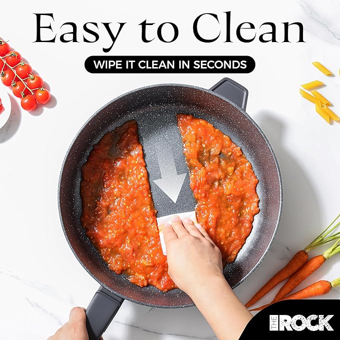 THE ROCK SOHO 4 Qt Nonstick Deep Frying Pan Skillet with Glass Lid, 11 Inch Large Deep Frying Pan, Non Stick Saute Pan ??Stay-cool Handle, Induction Compatible, Oven & Dishwasher Safe, Black