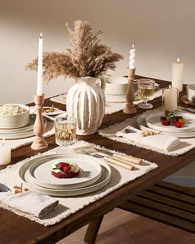 Plates and Bowls Sets for 6, Famiware Premium 18-Piece Stoneware Dinnerware Set - Reactive Glaze with Speckles & Spirals, Chip & Scratch Resistant, Dishwasher Safe, Dish Set with Gift Box, Shell Beige