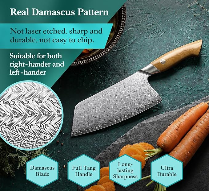 HEZHEN Damascus Meat Cleaver Knife, 7.5 Inches, 67 Layers Damascus Steel Vegetable Cleaver, Professional Butcher Knife for Meat Cutting, Ultra-sharp Blade with Linen Micarta Handle, Gift Packing
