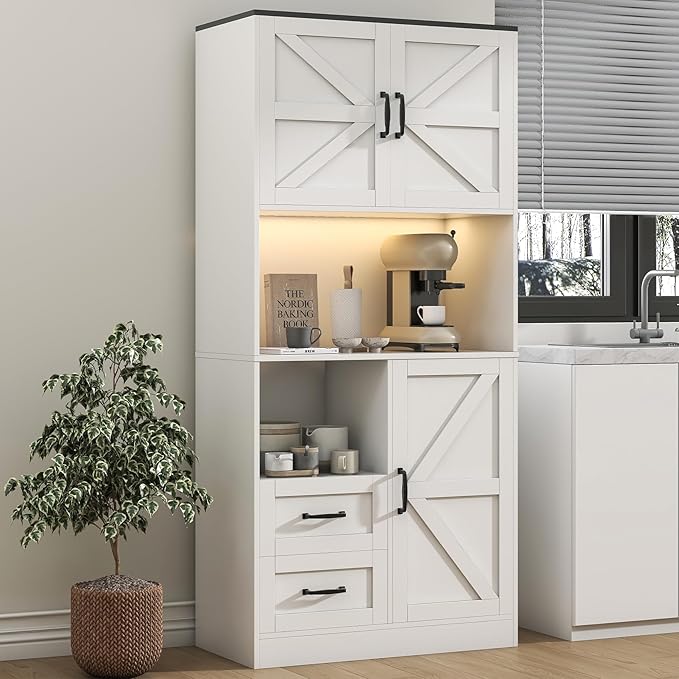 Kitchen Pantry Storage Cabinet with LED Lights and Power Strip, Tall Farmhouse Kitchen Pantry with Barn Doors and Drawers, Adjustable Shelves for Dining Living Room (White)