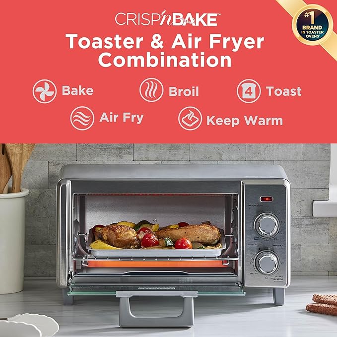 BLACK+DECKER Crisp 'N Bake Air Fry Countertop Convection Toaster Oven, Medium Capacity, 4-Slice, 5-in-1, Fits 9??Pizza, 30-Min Timer, Bake, Broil, Air Fry, Toast, Keep Warm, Stainless Steel