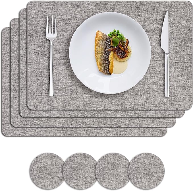 MOSAYT Placemats Set of 4, Heat Resistant Vinyl Place Mats with Coasters, 100% Waterproof Wipeable Washable Faux Leather Table Mats for Kitchen Dining Party Outdoor, 12" x 17", Light Grey