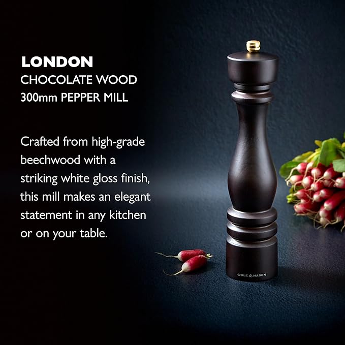 Cole & Mason London Refillable Spice Mill - Kitchen & Home Accessory - Table Black Pepper Grinder - Pepper Mill with Carbon Steel Mechanism - 11", Chocolate Wood