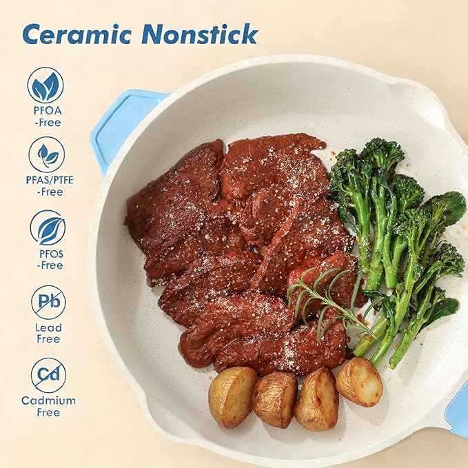 SENSARTE Nonstick Ceramic Saute Pan 10-inch, 3.5QT Nonstick Skillet, Non Toxic Deep Frying Pan with Lid, Stay-cool Handle, Healthy Cooking Pot, Induction Compatible, Blue