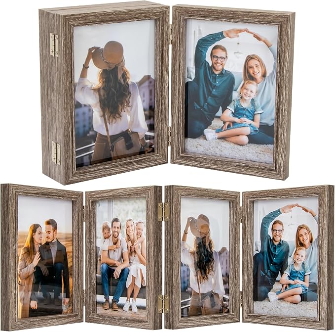 5x7 Four Picture Frame 4 Hinged Photo Frame with 4 Openings, Natural Wood Foldable Photo Frame with High Definition Acrylic for Birthday Father's Day Christmas Gift, Rustic Desk Family Picture Collage, Gray