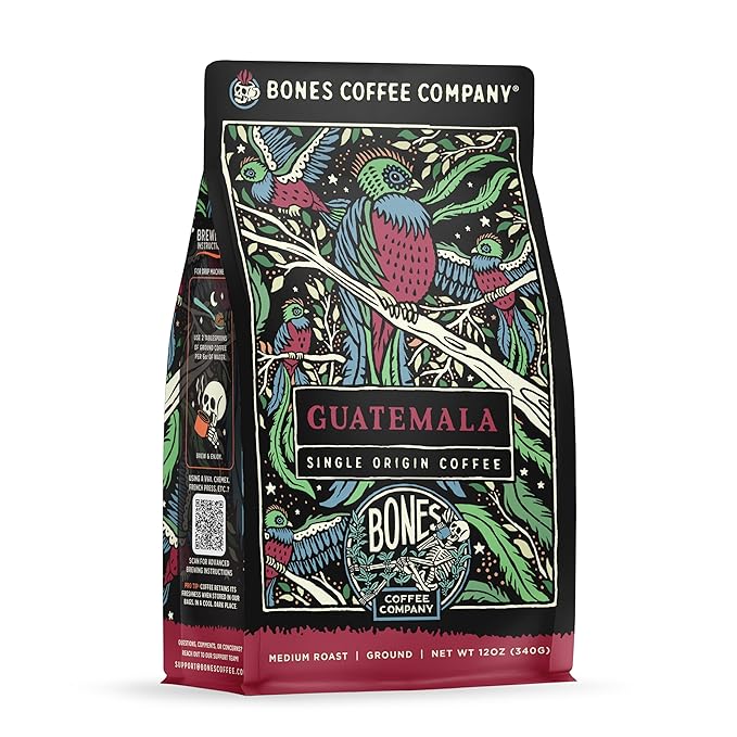 Bones Coffee Company Guatemala Single-Origin, Milk Chocolate, Citrus and Caramel Notes, Ground Coffee Beans, Low Acid Medium Roast Arabica Beans Flavored Coffee, 12 oz Ground