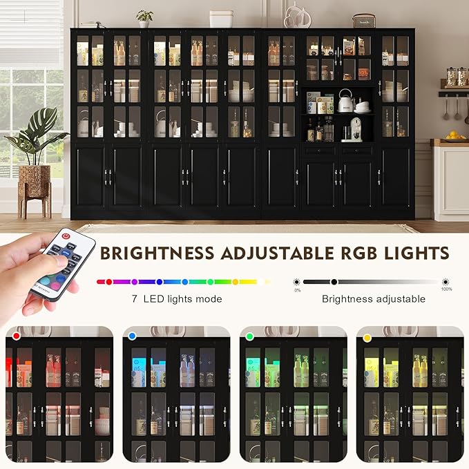 MEISSALIVVE Kitchen Pantry Storage Cabinet with LED Lights, 78.7" Tall with Glass Doors & Drawers, Freestanding Utility Cabinet, Black (31.5" W x 15.7" D)