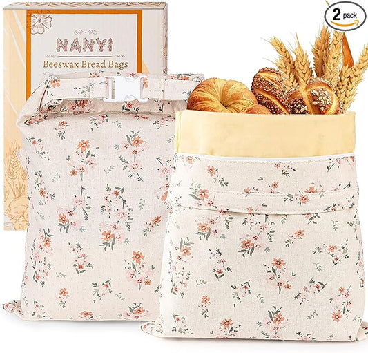2-Pack Reusable Beeswax Bread Bags for Sourdough & Homemade Bread竊똂otton Waxed Bags Keeps Fresh Longer(Crimson Bloom)