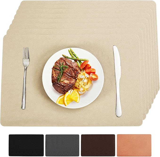 Bxzandya Vinyl Placemats Set of 8 Heat Resistant Easy Clean Non-Slip Place Mats for Dining Table Faux Leather Waterproof Stain Resistant Wipeable Washable PVC Table Mats(8, Beige)