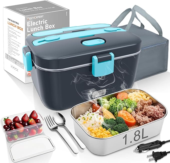 COZYEXPERT Electric-Lunch-Box-Heated-Food-Warmer 100W Heating Lunchbox for Adults 1.8L Portable Food Heater for Work/Car, 12V/24V/110-230V Lonchera El챕ctrica Port찼til with Fork Spoon (Gray+Blue)