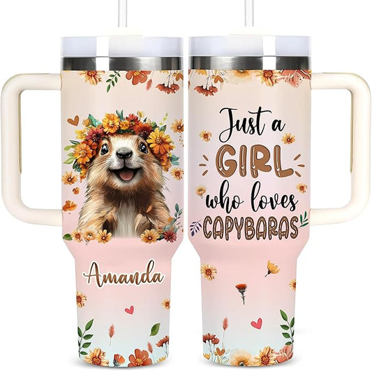 AGGLOMEKC Personalized Cute Capybara Cup - Mother's Day Birthday Gift For Animal Lovers - Just A Girl Who Loves Capybara Tumbler 40oz With Custom Name - Pet Lover Gifts For Women, Her