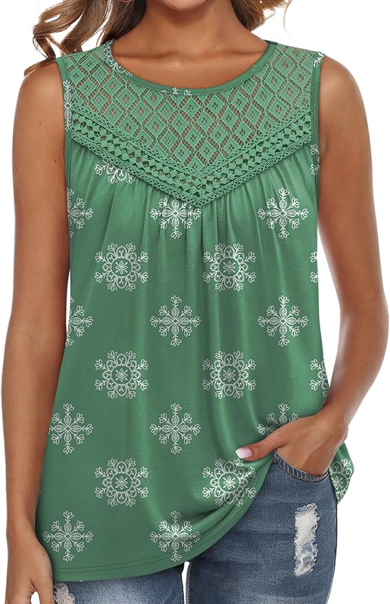 XIEERDUO Womens Tank Tops Sleeveless Lace Crochet Boho Tops Loose Fit Pleated Tunics Crewneck Summer Vacation Outfits Flowy