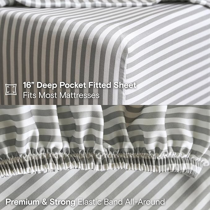 DOZ Sheet Set, 100% Viscose derived from Bamboo, Organically Grown, Buttery Soft, Cooling Sheets, High GSM, Deep Pockets - 2 Piece - 1 Pillowcase 1 Fitted Sheet (Stripe, Twin)