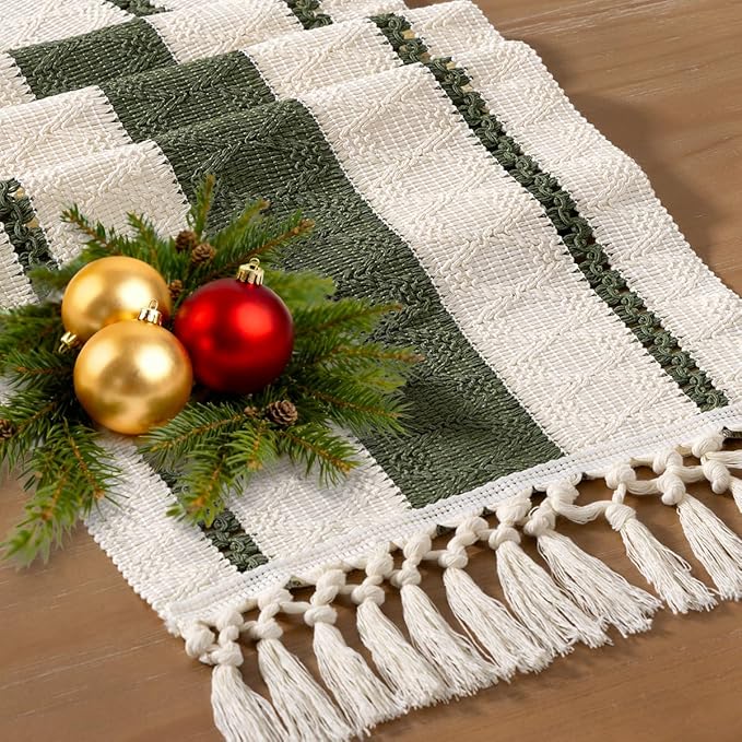 Socomi Boho Table Runner Valentine's Day Farmhouse Rustic Dining Kitchen Centerpiece Decor Small Macrame Woven Cotton Linen Coffee Table Runner for Dresser Scarf Home Decor 12x36 inch Olive Green