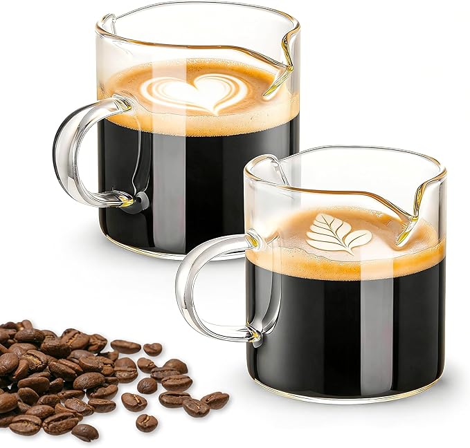 Espresso Cups Set of 2, 4 OZ Double Spouts Cups espresso measuring with handle Clear Glass Milk Coffee Accessories for Machine