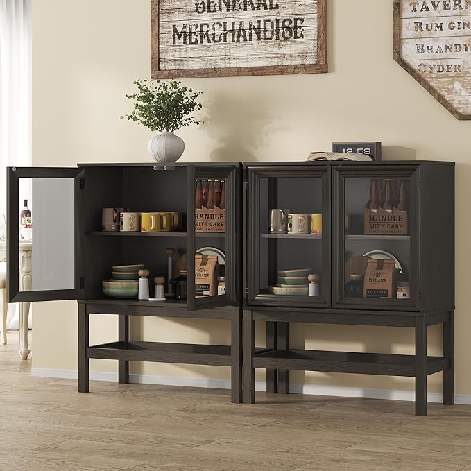 Sideboard Buffet Cabinet with Storage Set of 2, Small Kitchen Coffee Wine Bar Cabinet with Glass Doors, Wood Mid Century Modern Side Board Table for Dining Room, Living Room