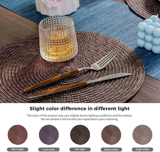 FunWheat Round Braided Placemats Set of 6 Table Mats for Dining Tables Woven Washable Non-Slip Place mats 15 inch (Brown, 6pcs)