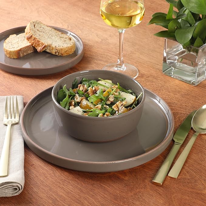 Gibson Elite Northrock Stoneware Dinnerware Set, 12-Piece Service for 4 Plates and Bowls Set ??Gray Dishes with Hand-Painted Terracotta Base