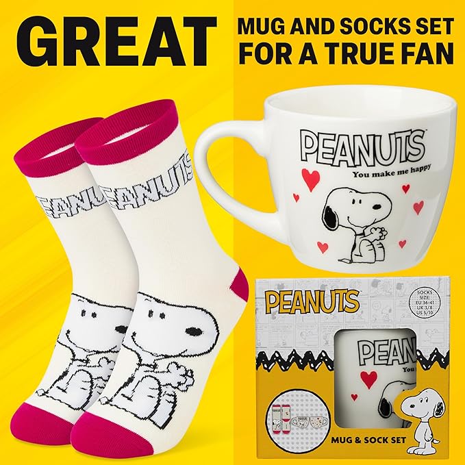 Get Trend Peanuts Snoopy Coffee Mug and Socks Set, 11.5 oz Ceramic Cup with Soft Crew Socks, Woodstock, Christmas, Secret Santa Gifts for Women (Pink Snoopy)