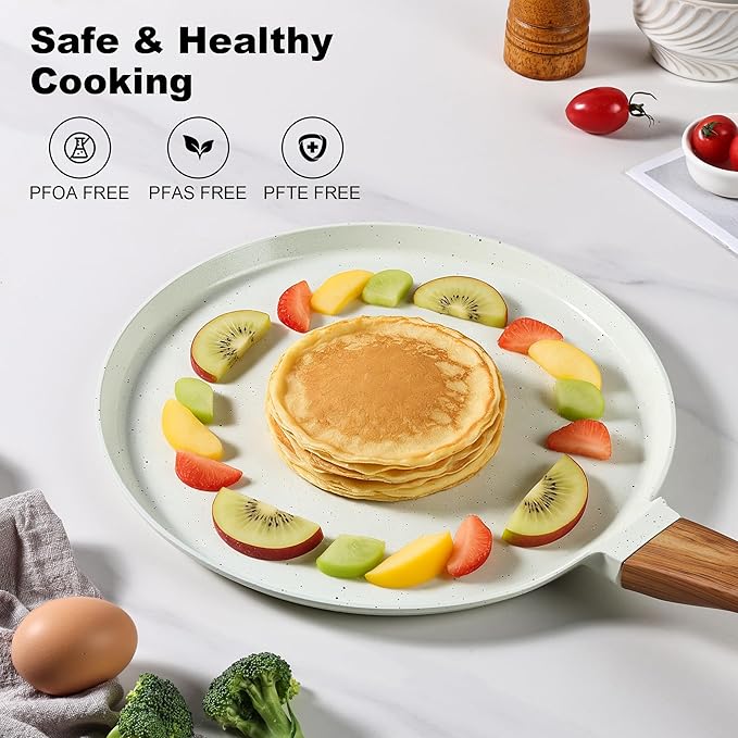 Crepe Pan, Ceramic 11 Inch Dosa Pan, Nonstick Dosa Tawa for All Stove, Tortilla Pan, White Pancake Pan, PFOA PFAS PTFE Free