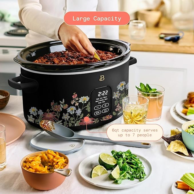 Beautiful 6 Quart Programmable Slow Cooker, 5 Cooking Presets, Digital Countdown Timer, Dishwasher Safe Parts by Drew Barrymore (Wildflower Black Sesame)
