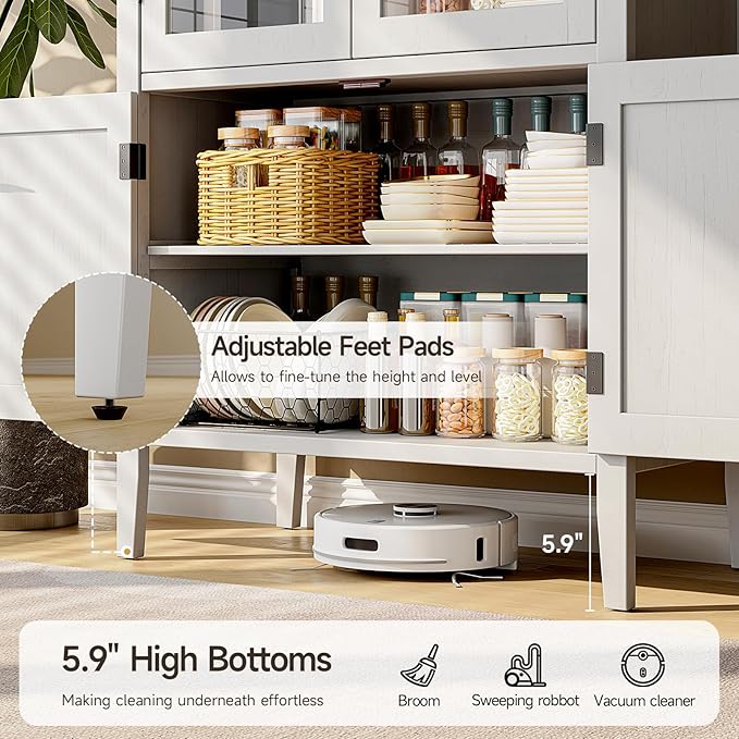 ONBRILL 71" Tall Arched Cabinet, 5-Tier Arched Kitchen Pantry with Glass Doors & Shelves, Modern Display Arch Cabinet with Adjustable Feet, Wooden Pantry for Living Room, Dining Room, Off White