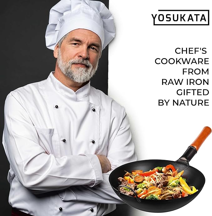 YOSUKATA 13.5" Carbon Steel Wok Pan ??Pre-Seasoned Flat Bottom Pow Wok for Stir Fry, BBQ, Grill & Camping ??Traditional Japanese Chinese Cookware ??Compatible with Induction, Electric, Gas, Open Fire