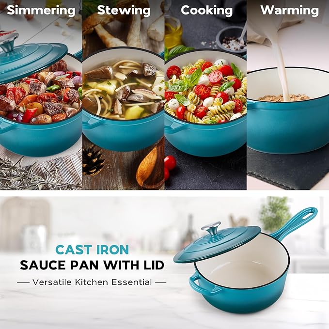 Onader 3QT Enameled Cast Iron Saucepan with Lid, Small Sauce Pan, Enamel Cast Iron Dutch Oven Cooking Pot, Nonstick & Heavy Duty ??Dark Cyan