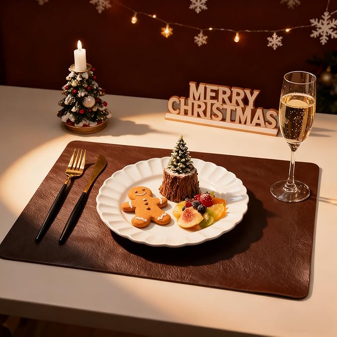 DOLOPL Placemats Set of 12 Reversible Dual-Color Table Place Mats ??Heat Resistant Wipeable & Brown Placemats, Luxury Faux Leather Table Mats for Vintage Dining Decor(Dark Brown & Black)