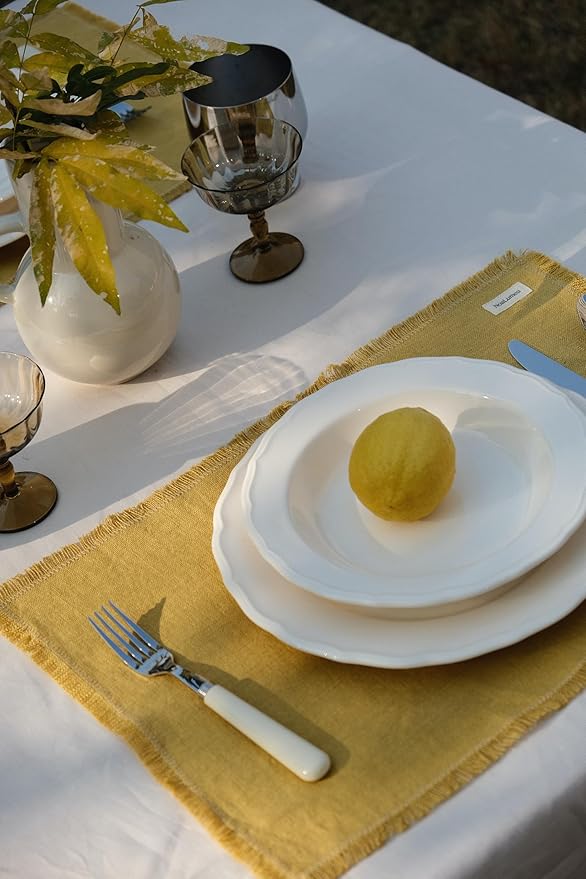 Noalumea 100% Linen Placemats Set of 4 ??Thick Mustard Yellow Table Mats with Hand-Frayed Edges, Machine Washable, Elegant Dining Table Decor for Everyday Meals & Holiday Gatherings, 14 x 19 Inch