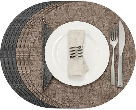 Myir JUN Round Placemats Dual Sided, Faux Leather Place Mats Set of 4 Indoor Placemats for Dining Table Outdoor Placemats Non-Slip Washable Table Mats (Set of 8, Gray Brown)