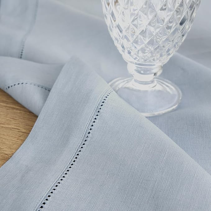 Solino Home Dusty Blue Linen Tablecloth 60 x 144 Inch - 100% Pure Linen Hemstitch Table Cloth for Rectangle Tables - Classic Hemstitch, Machine Washable Tablecloth for Winter, Spring, Easter
