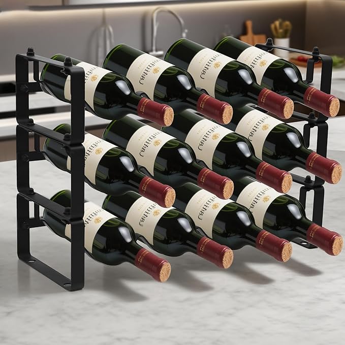 Black Wine Rack for 12 Bottles ??Stackable & Expandable Metal Wine Bottle Holder for Bar Counter, Cabinet, Pantry, or Small Spaces ??Modern Freestanding Wine Storage Shelf (3 Tier, Black)