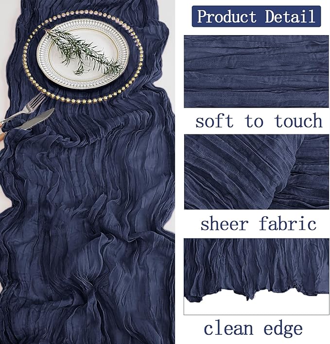 4 Pack Navy Blue Cheesecloth Table Runner 20 x 120 inch Gauze Table Runners 10 FT Long,Semi Sheer Boho Cheese Cloth Fabric Table Runner Bulk for Wedding,Party,Baby Shower,Bridal Shower Decoration