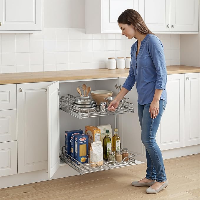 HOLDN??STORAGE Two Tier Pull Out Cabinet Organizer, Individual Sliding Drawers - Heavy Duty Metal with Lifetime Limited Warranty - Anti Rust Chrome Finish - 20" W x 21?쒭 x 16.5" H