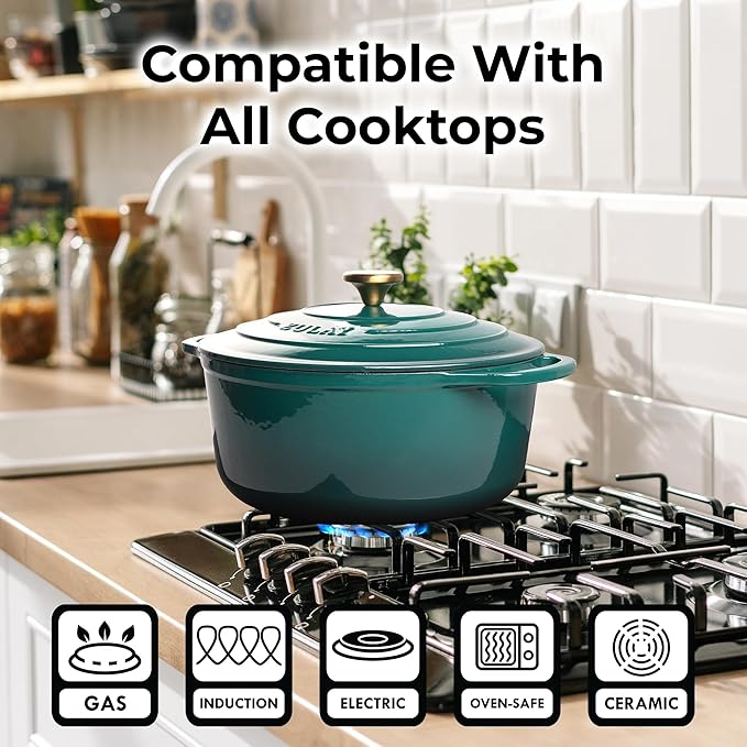 Zulay Kitchen 7.7 Quart Enameled Cast Iron Dutch Oven Pot with Lid ??Premium Durability & Oven Safe up to 500째F ??Heavy Duty Cookware Perfect for Bread Baking, Stews, Braising & Roasting ??Emerald