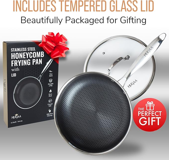 12??Non-Stick Stainless Steel Frying Pan with Lid | Honeycomb Hybrid Skillet for Induction, Gas & Electric Stovetops | Oven Safe, Dishwasher Safe | Premium Gift Packaging