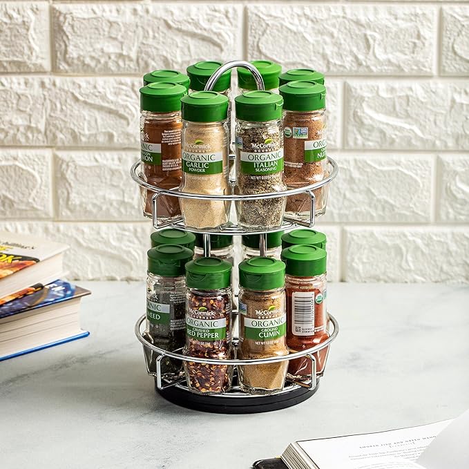 McCormick Gourmet Two Tier Chrome 16 Piece Organic Spice Rack Organizer with Spices Included, 18.55 oz | Gourmet, Organic, Organizer, with Spices Included