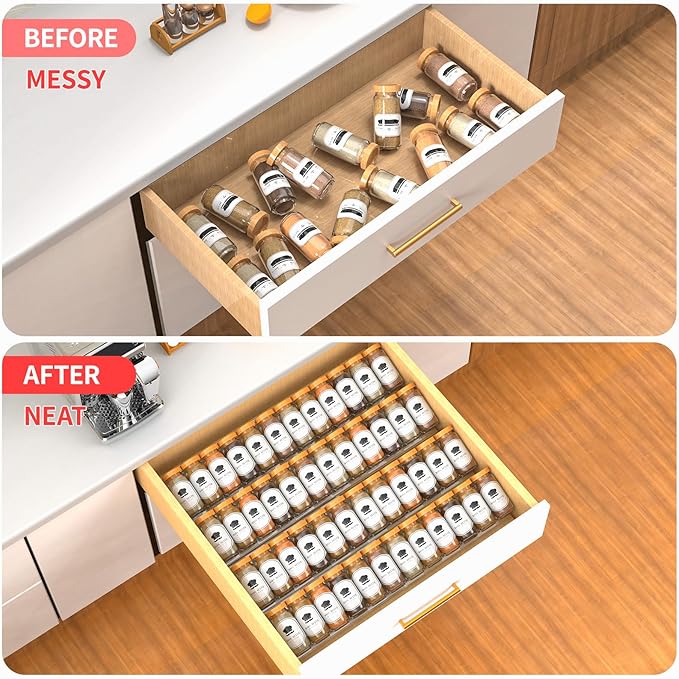 4-Tier Non-Slip Spice Drawer Organizer, 4-Pack Checkered Frosted Clear Acrylic, Expandable (11''-22'') Spice Rack for Kitchen Drawer Storage ??Holds Seasonings, Herbs, and Spices (Jars Not Included)