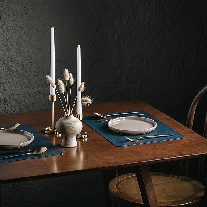 DOLOPL Placemats Set of 6 Reversible Dual-Color Table Placemats ??Heat Resistant Wipeable & Washable Place Mats, Luxury Faux Leather Table Mats for Vintage Dining Table Decor (Camel & Navy Blue)