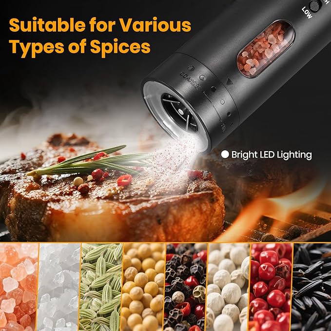 Rechargeable Salt Grinder Set Top-Refill Electric Grinders with Variable Grinding Speed, External Adjustable Coarseness, Black